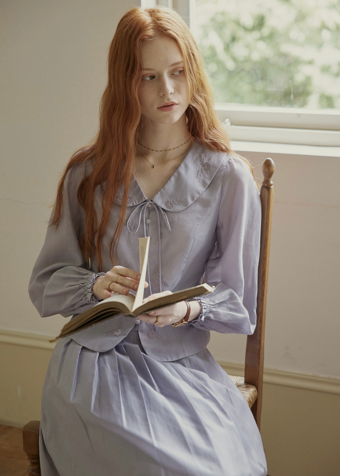 Vintage Ribbon Embroidered Blouse & Pleated Skirt Set