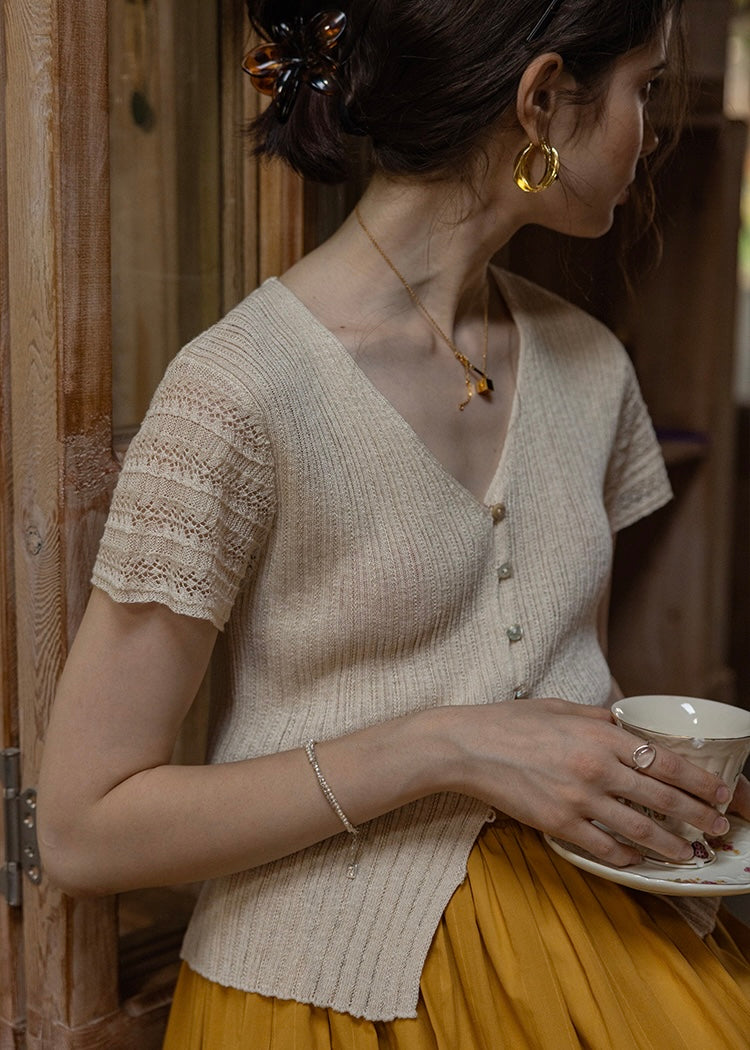 Été Knit Button Top | Slim Fit V-Neck Ribbed Summer Cardigan Blouse(2COLOR)