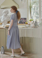 Blue Stripe Button Vintage Short Sleeve Dress