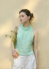 Soft Mint Polka Dot Back Ribbon Sleeveless Top