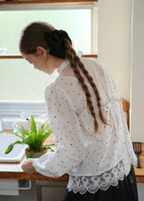 Romantic Polka Dot Lace Trim Blouse with Tie Neck