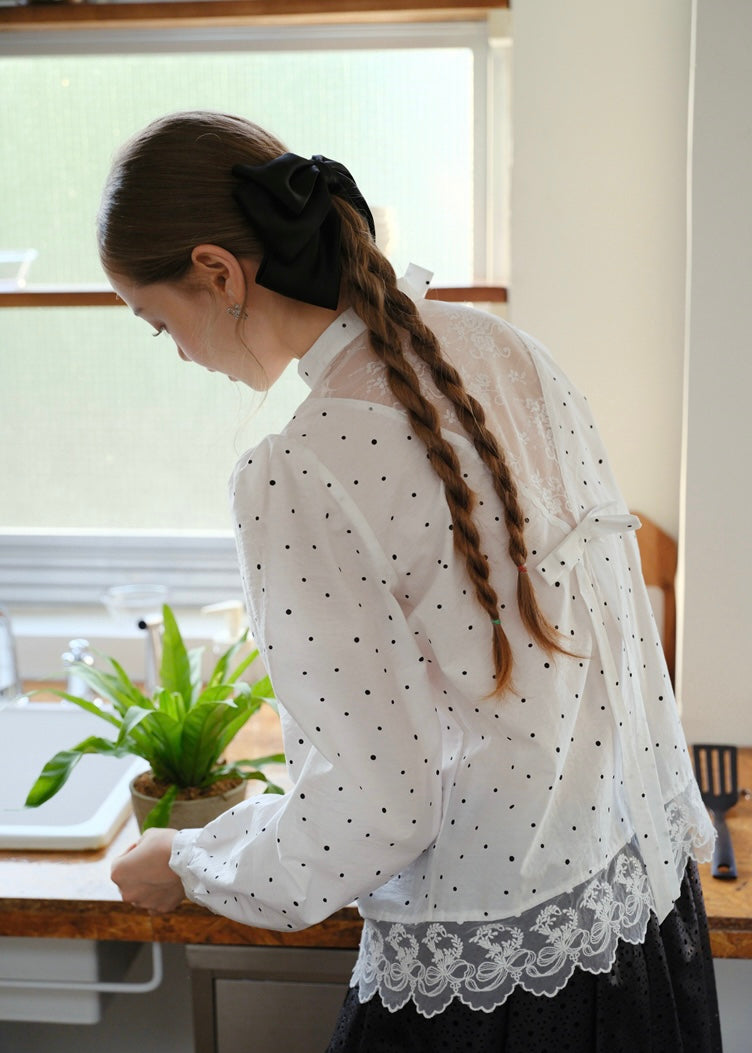 Romantic Polka Dot Lace Trim Blouse with Tie Neck