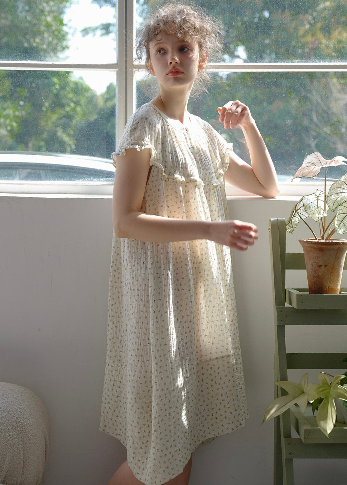 Quiet Daylight Cotton Gauze Nightdress Soft Floral Loose Lounge Dress