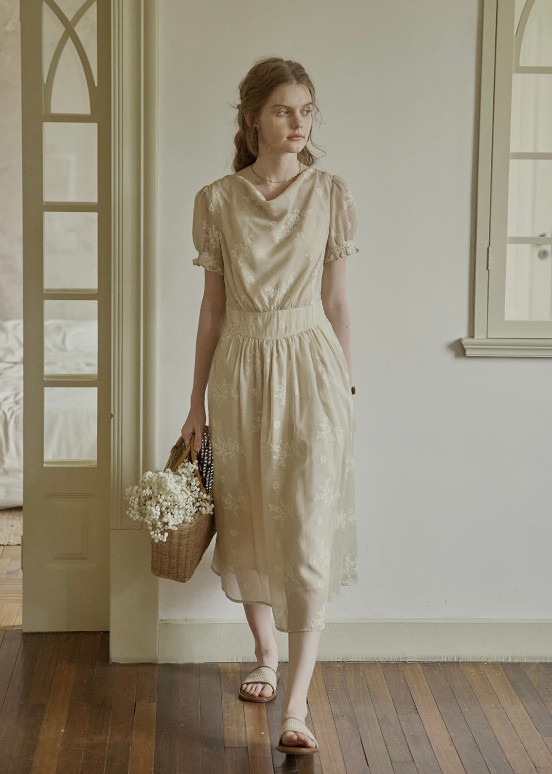 Aveline Draped Neck Floral Embroidered Dress