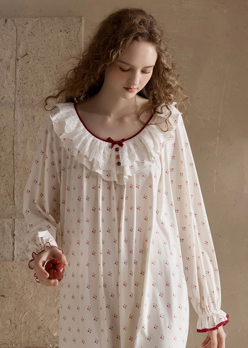 Rosalie Dream Vintage Floral Ruffle Sleepwear Nightdress(2COLOR)