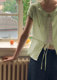 Celery Whisper Blouse | Soft Green Romantic Tie Blouse
