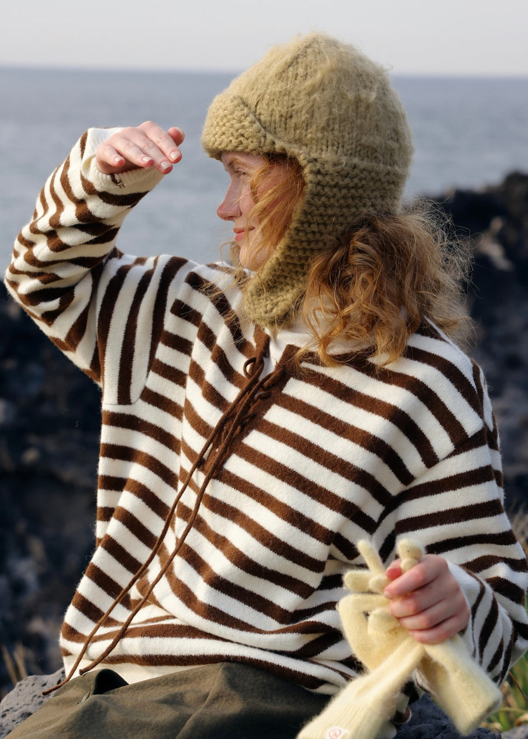 Brown Striped Tie-Front Knit Sweater