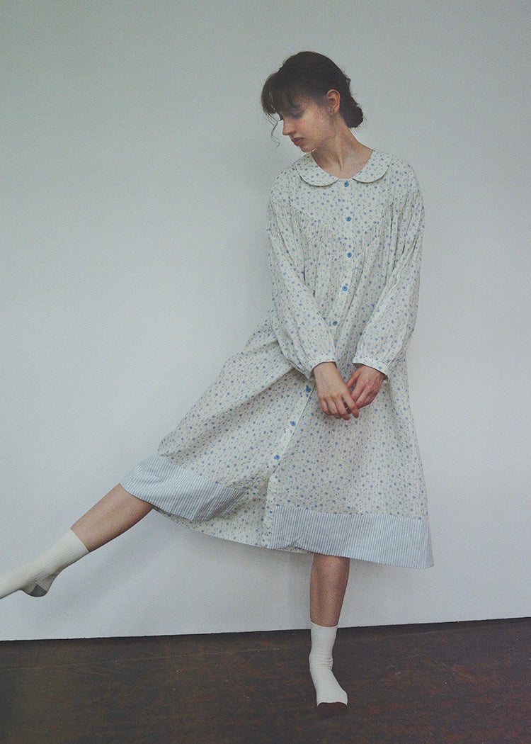 Blue Floral Cotton Nightdress Peter Pan Collar Long Sleeve Vintage Loungewear