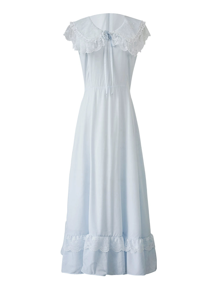 Blue Lullaby Vintage Lace Collar Sleeveless Summer Dress