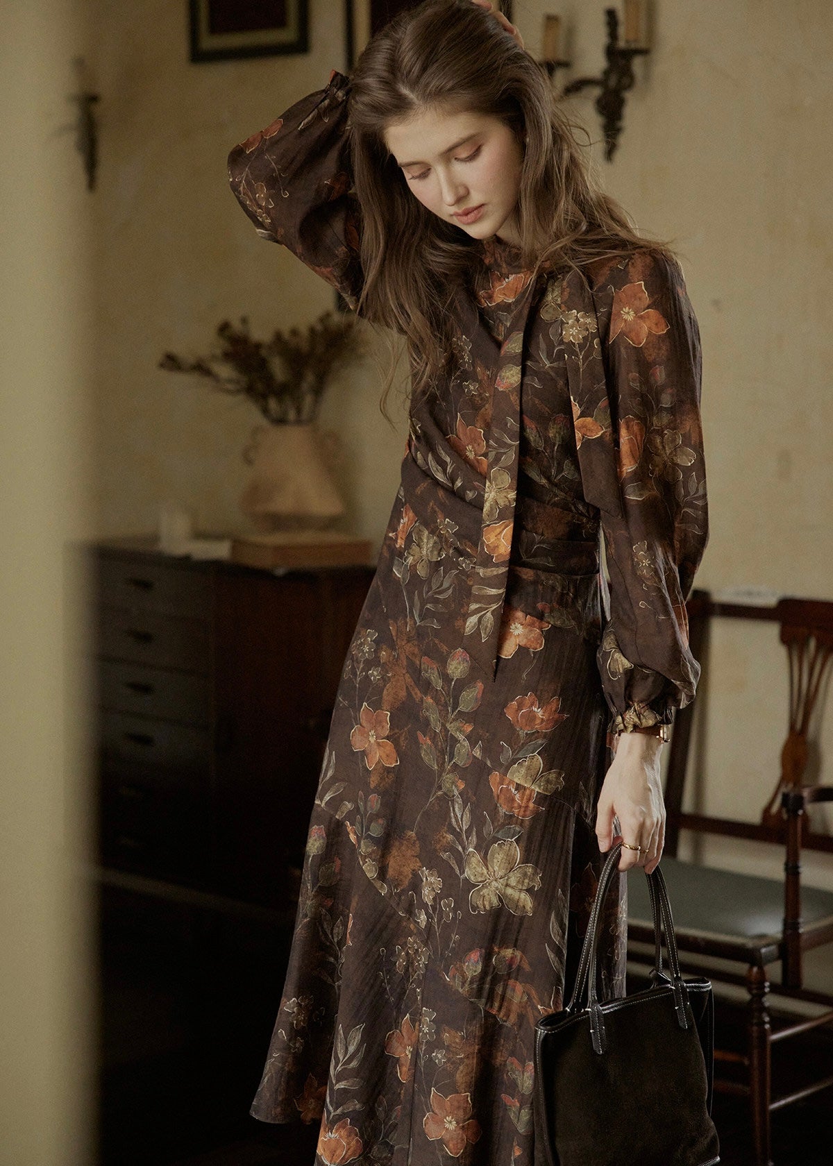 Victorian Oil Painting Floral Chiffon Maxi Dress