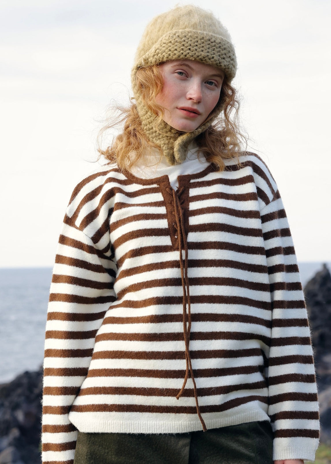 Brown Striped Tie-Front Knit Sweater