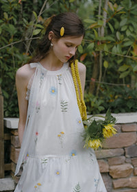Field Whispers White Embroidered Halter Neck Dress