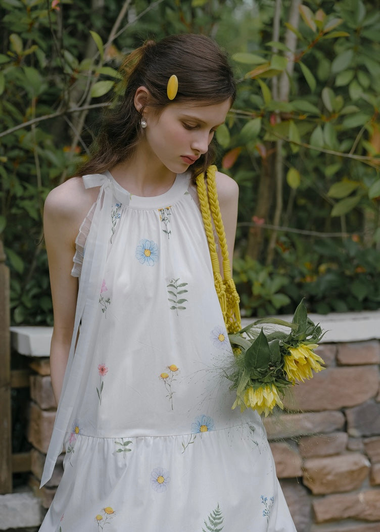 Field Whispers White Embroidered Halter Neck Dress