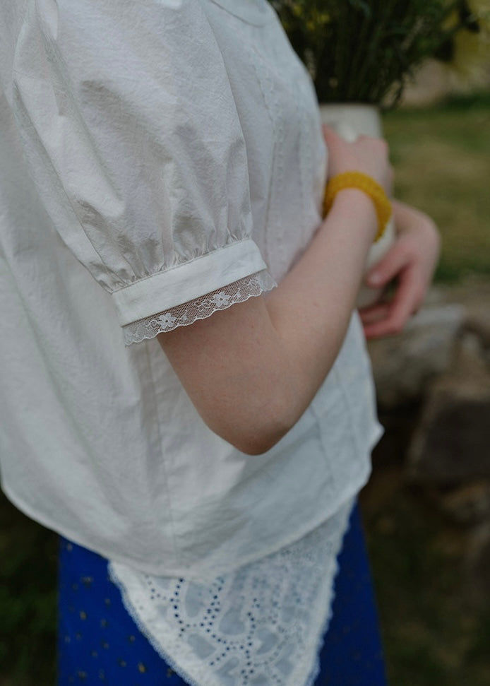 Soft Lace Panel White Short Sleeve Blouse