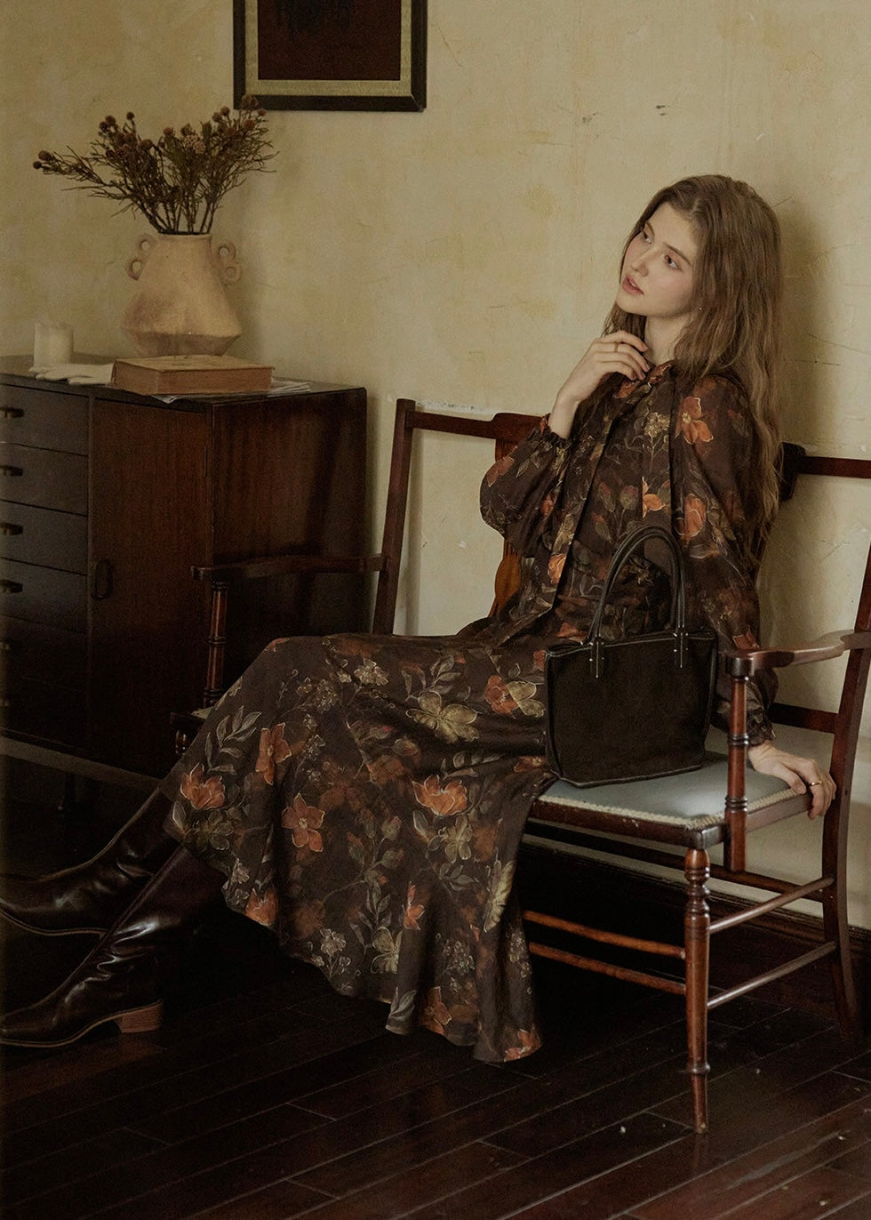 Victorian Oil Painting Floral Chiffon Maxi Dress
