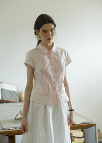 April Tuck Blouse | Vintage Pink Short Sleeve Shirt with Pintuck Detail