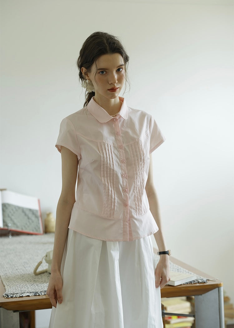 April Tuck Blouse | Vintage Pink Short Sleeve Shirt with Pintuck Detail