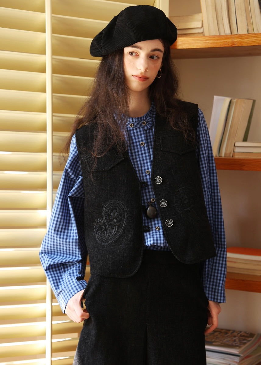 Midnight Paisley Embroidered Corduroy Vest