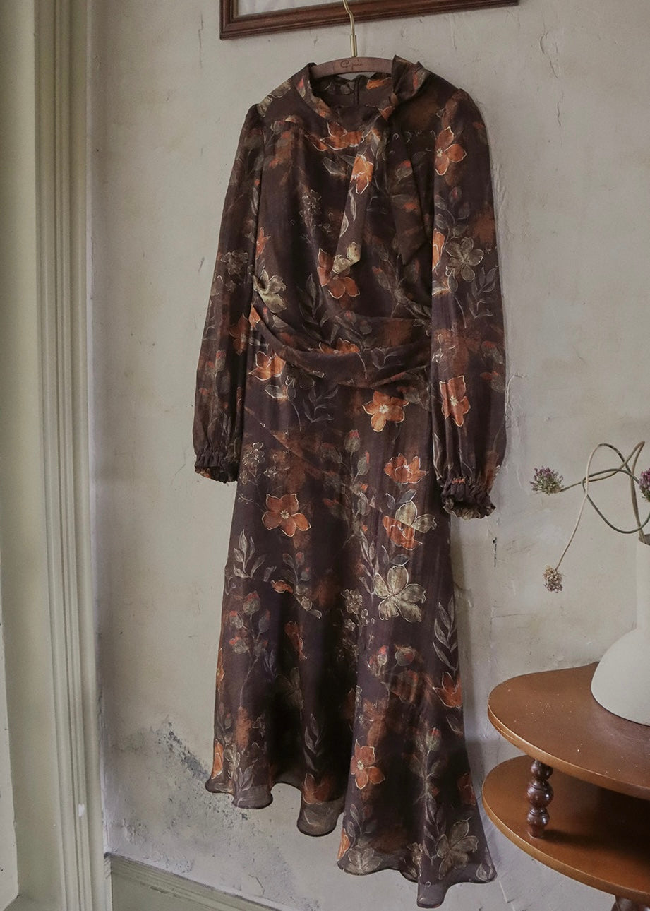 Victorian Oil Painting Floral Chiffon Maxi Dress