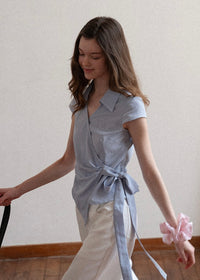 Elin Sky Wrap Tie Short Sleeve Blouse