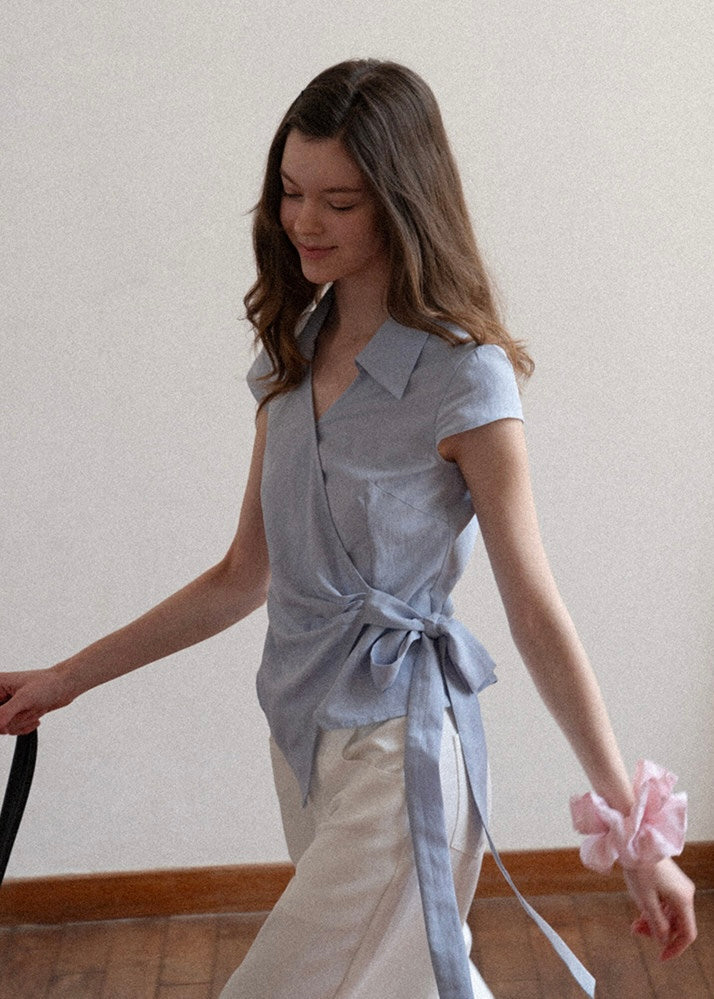 Elin Sky Wrap Tie Short Sleeve Blouse