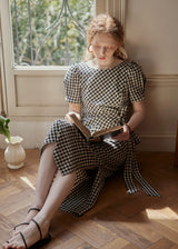Black Gingham Wrap Dress Puff Sleeve Vintage Dress