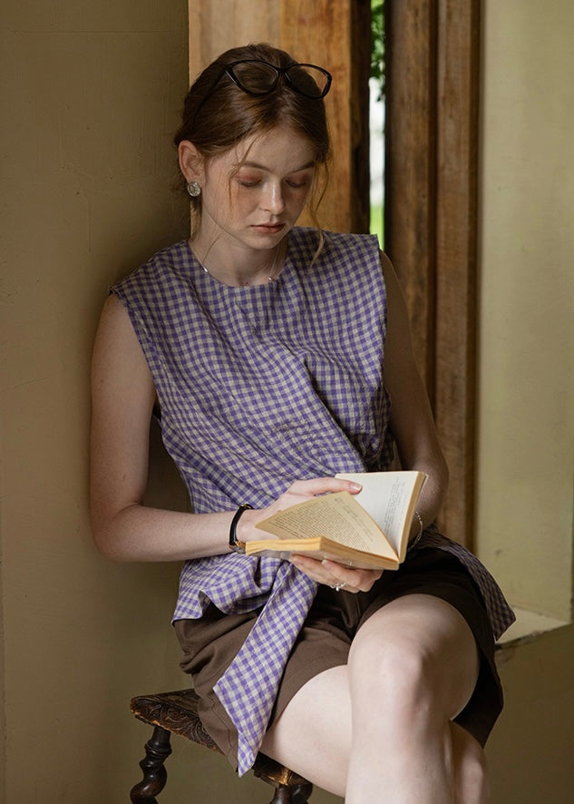Lavender Knot Gingham Sleeveless Wrap Blouse