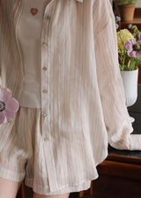 Morning Haze Soft Stripe Set | Pastel Vintage Shirt & Shorts Outfit
