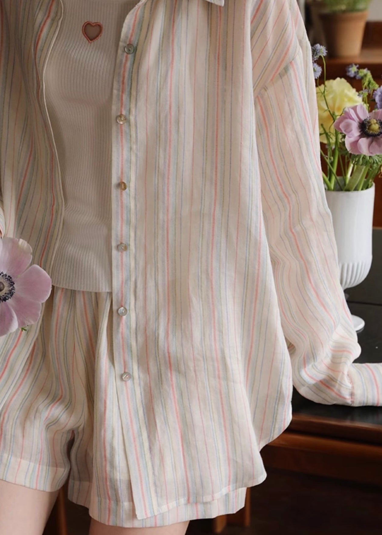 Morning Haze Soft Stripe Set | Pastel Vintage Shirt & Shorts Outfit