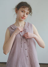 Soft Mauve Cotton Pajama Set Vintage Check Sleeveless Wide Lounge Set