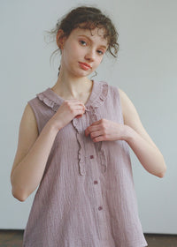 Soft Mauve Cotton Pajama Set Vintage Check Sleeveless Wide Lounge Set
