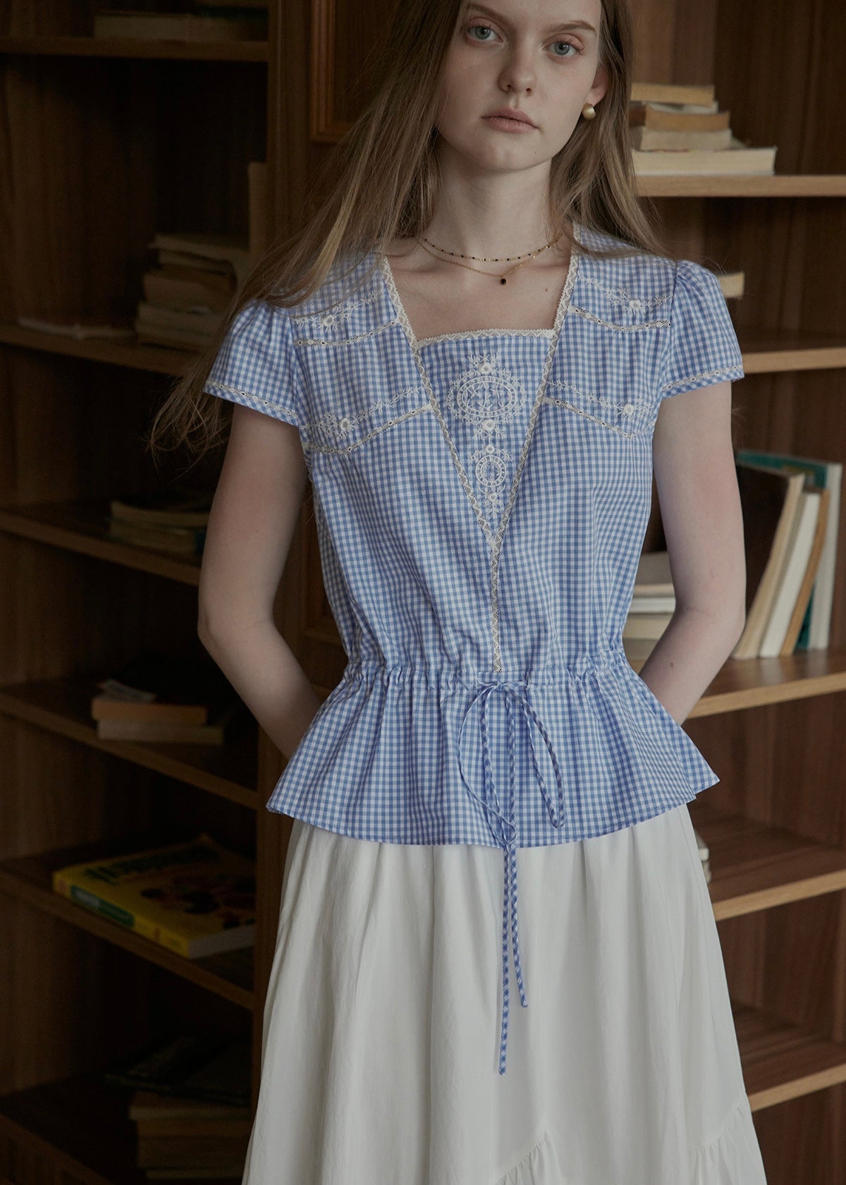 Elodie Blue Gingham Embroidered Tie-Waist Blouse