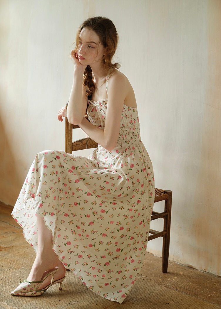 Summer Poem Rose Print Halter Backless Dress