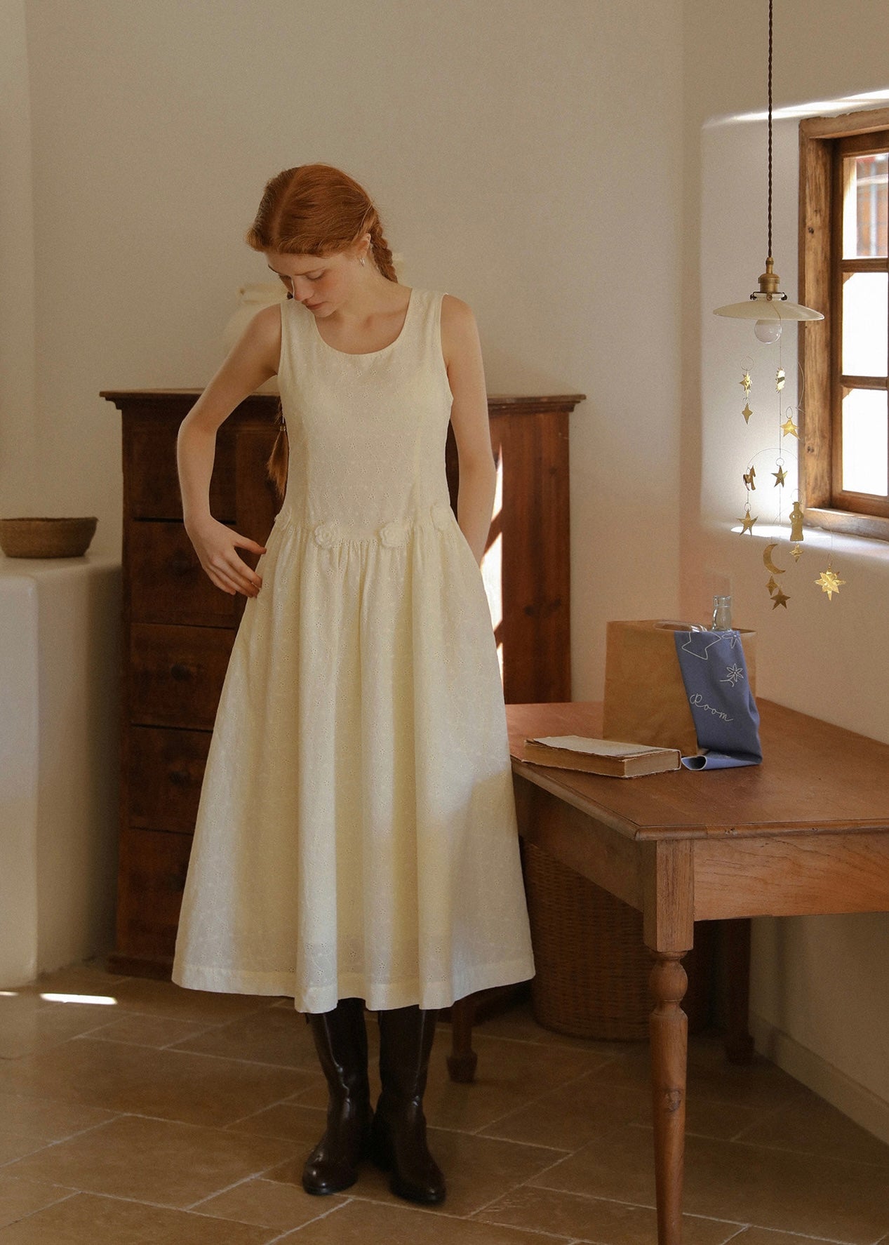 Warm Ivory Textured Sleeveless A-Line Dress