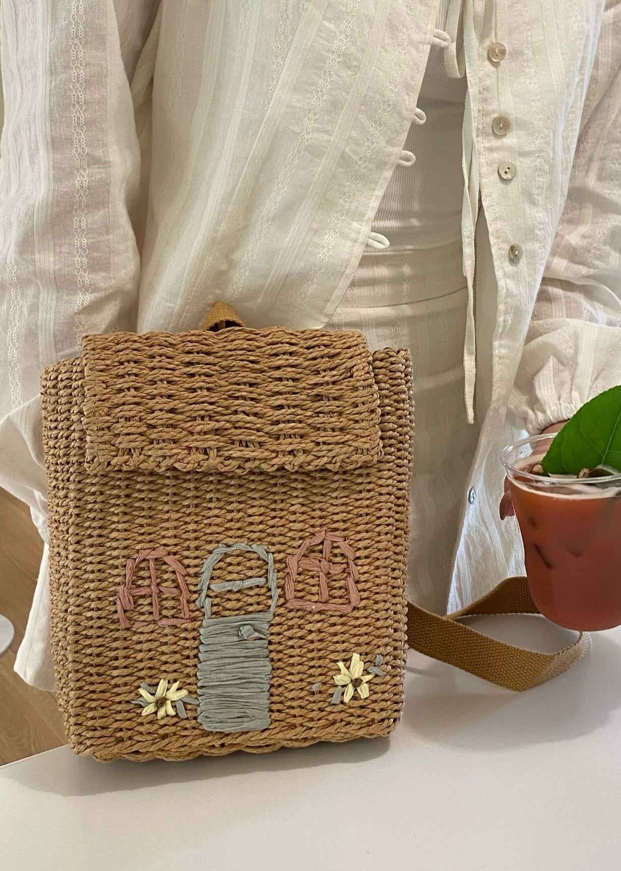 Woven Straw Backpack with Cottage Embroidery