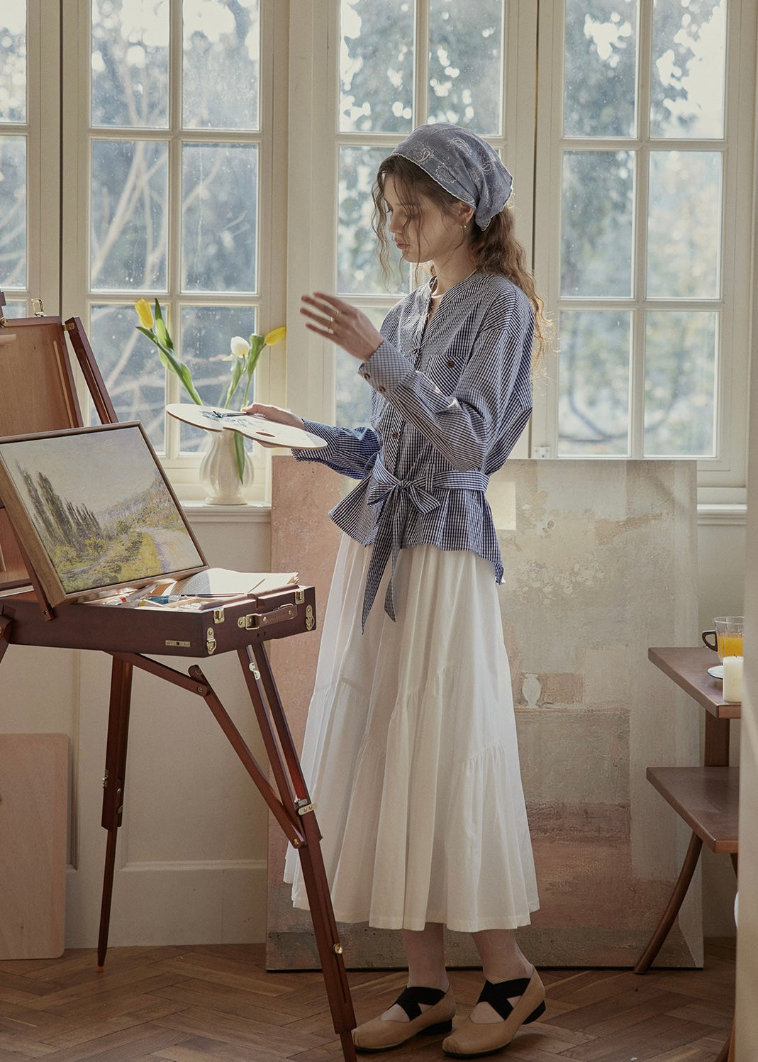 Blue Letter Gingham Tie-Waist Vintage Blouse