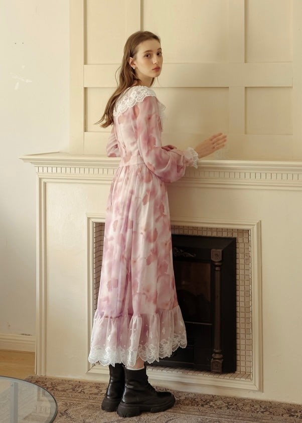 Rose Mist Lace Collar Romantic Vintage Long Dress