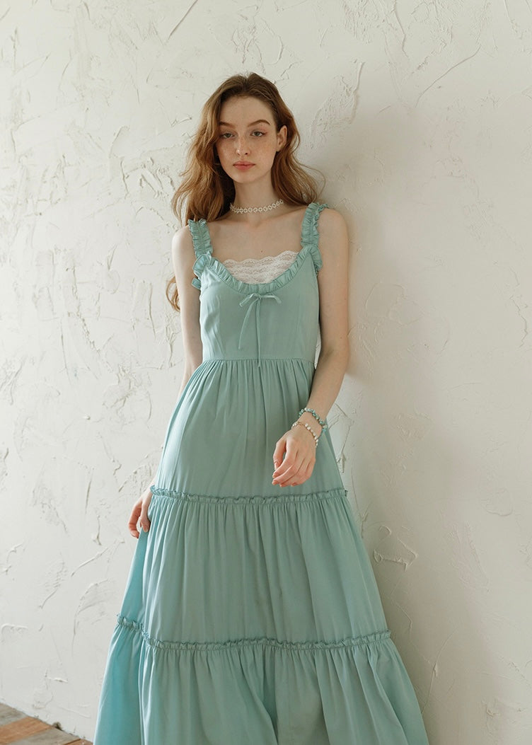 Mint Ruffle Melody Tiered Sleeveless Long Vintage Long Dress