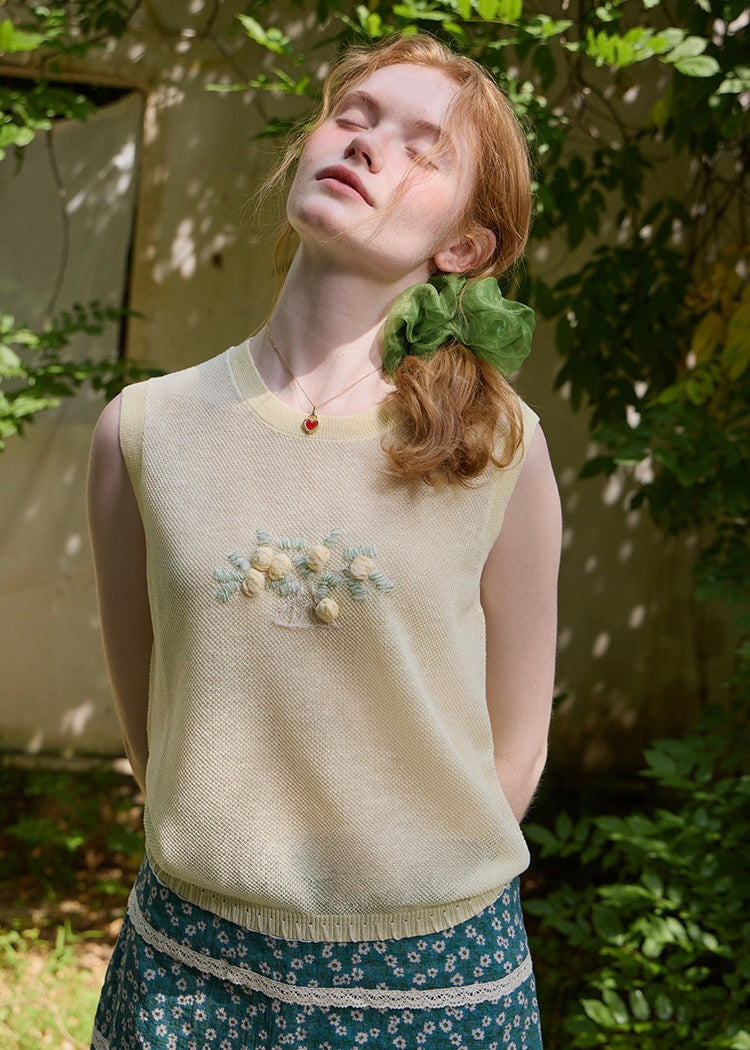 Elara Butter Yellow Floral Embroidered Knit Vest