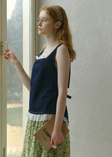 Lace Patchwork Denim Camisole Square Neck Sleeveless Top