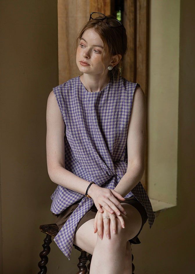 Lavender Knot Gingham Sleeveless Wrap Blouse