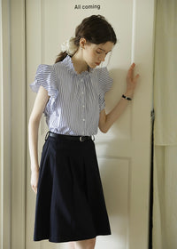 Celeste Stripe Frill Blouse | Blue Ruffle Neck Sleeveless Summer Top