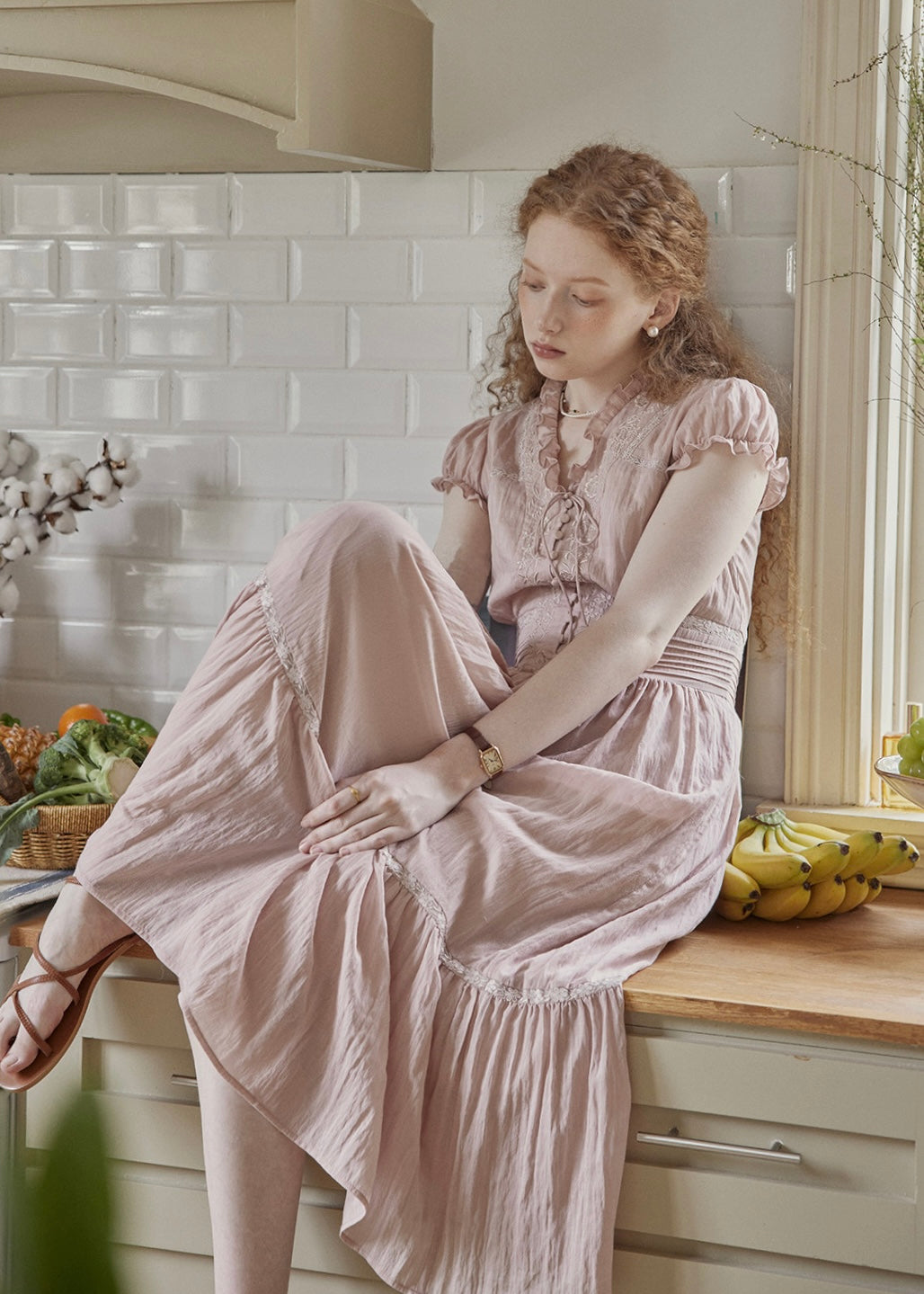 Blush Pink Lace Vintage Short Sleeve Summer Dress
