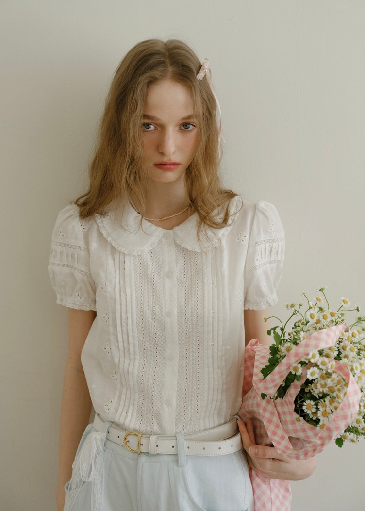 Evelyn Eyelet Blouse | Vintage White Cotton Shirt with Pintuck and Lace Collar