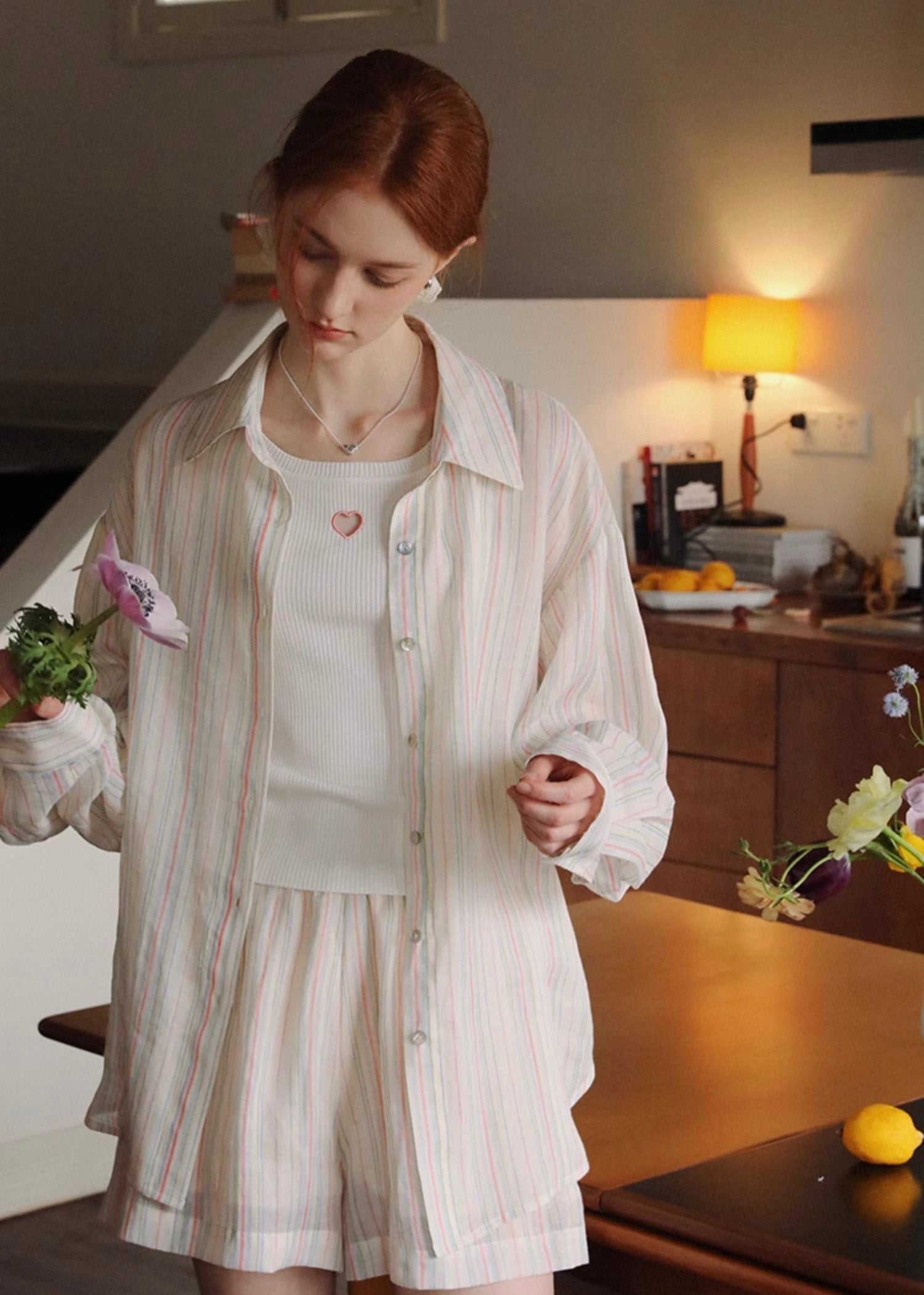 Morning Haze Soft Stripe Set | Pastel Vintage Shirt & Shorts Outfit