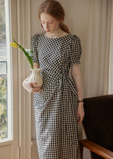 Black Gingham Wrap Dress Puff Sleeve Vintage Dress