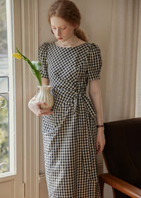 Black Gingham Wrap Dress Puff Sleeve Vintage Dress