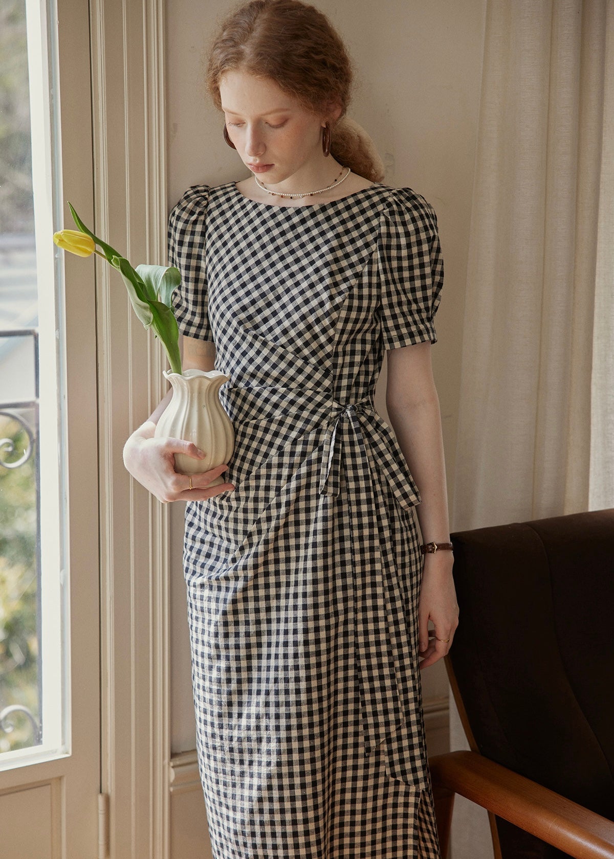 Black Gingham Wrap Dress Puff Sleeve Vintage Dress