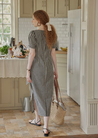 Black Gingham Wrap Dress Puff Sleeve Vintage Dress