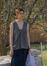 Lemon Noon Check Vest Top | Linen Cotton Sleeveless V-Neck Shirt(2COLOR)